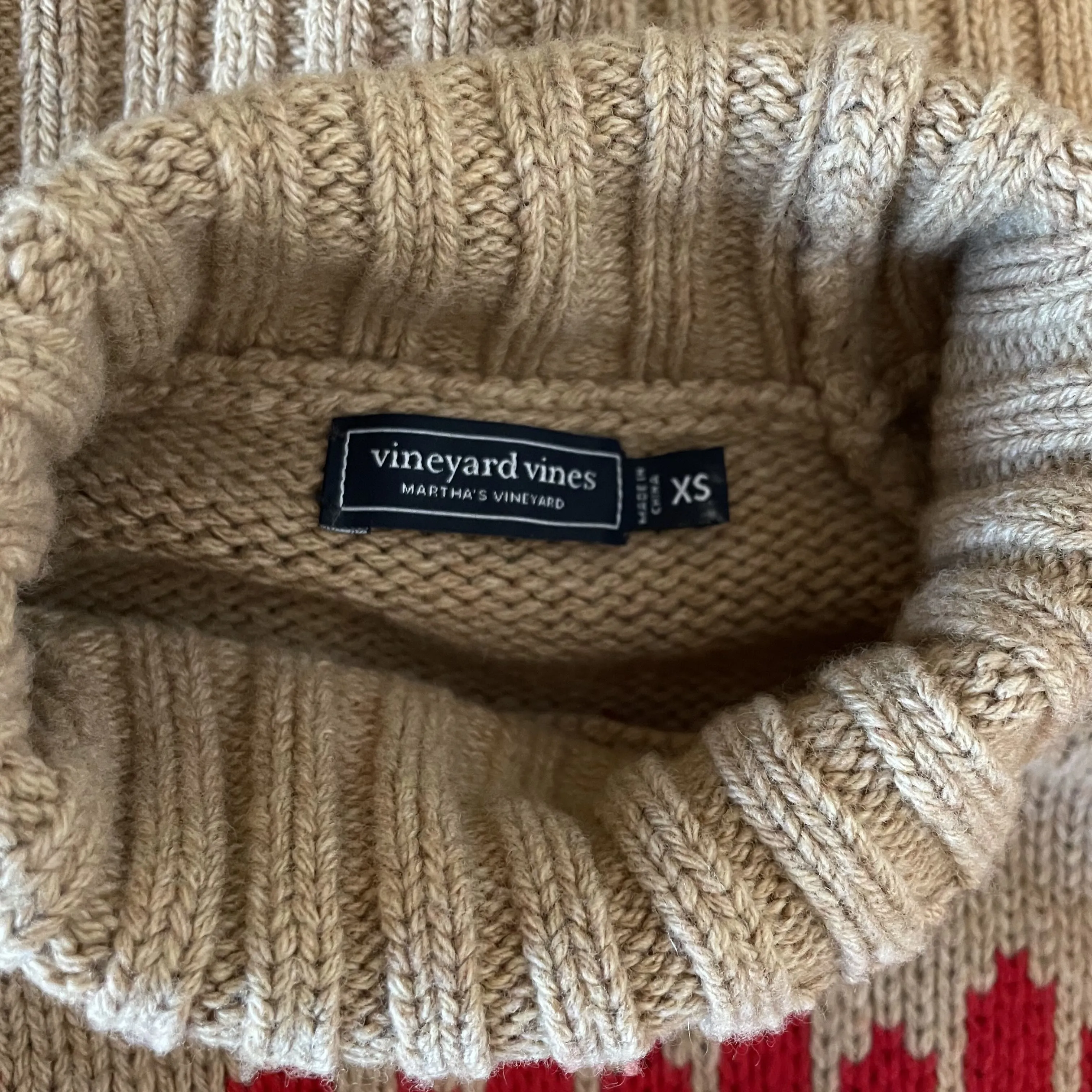Vineyard Vines | Women's Tan/Red/White Merino Wool Blend Turtleneck Sweater | Size: XS