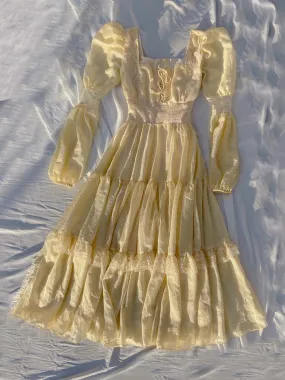 Vintage Lace Trim Square Neck Long Sleeve Pleated Dress