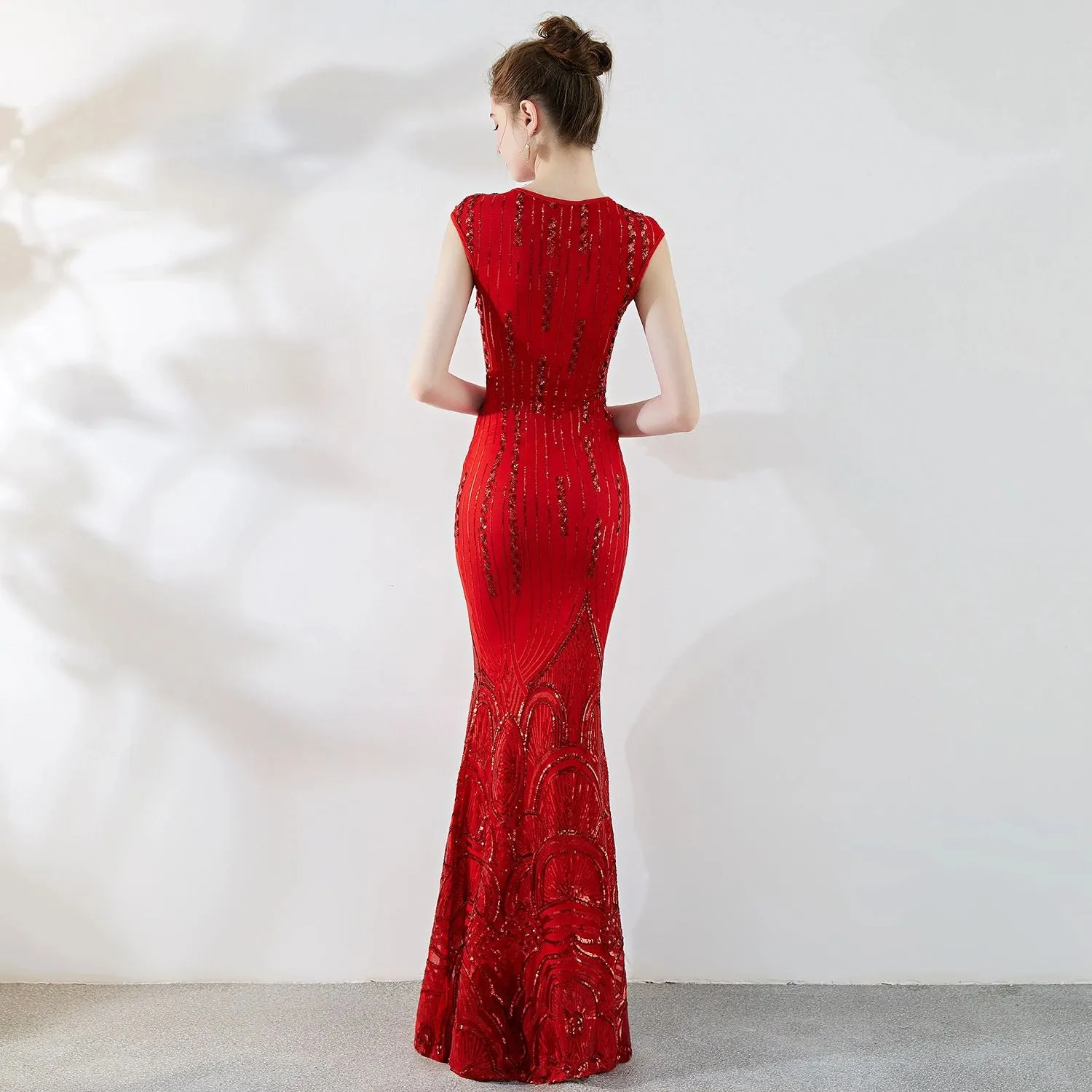 women V neck cap sleeve sequin long prom dress
