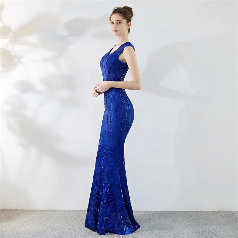 women V neck cap sleeve sequin long prom dress