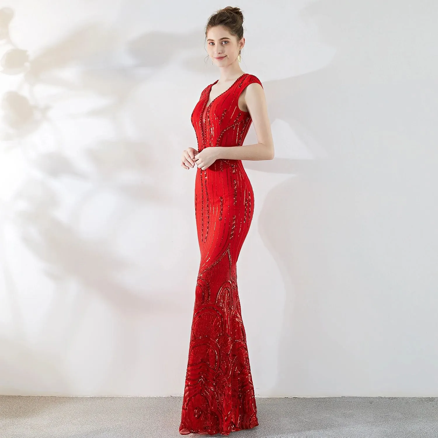 women V neck cap sleeve sequin long prom dress