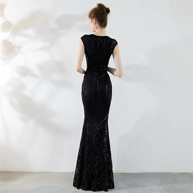 women V neck cap sleeve sequin long prom dress