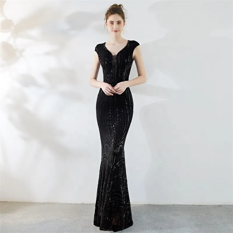 women V neck cap sleeve sequin long prom dress