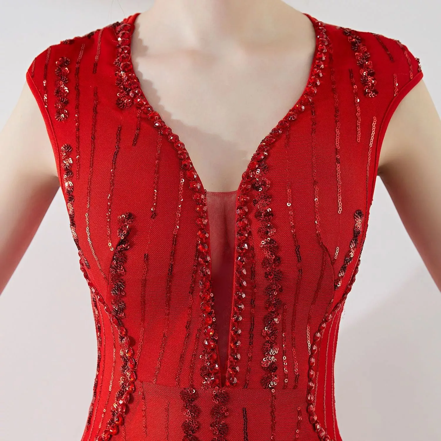 women V neck cap sleeve sequin long prom dress