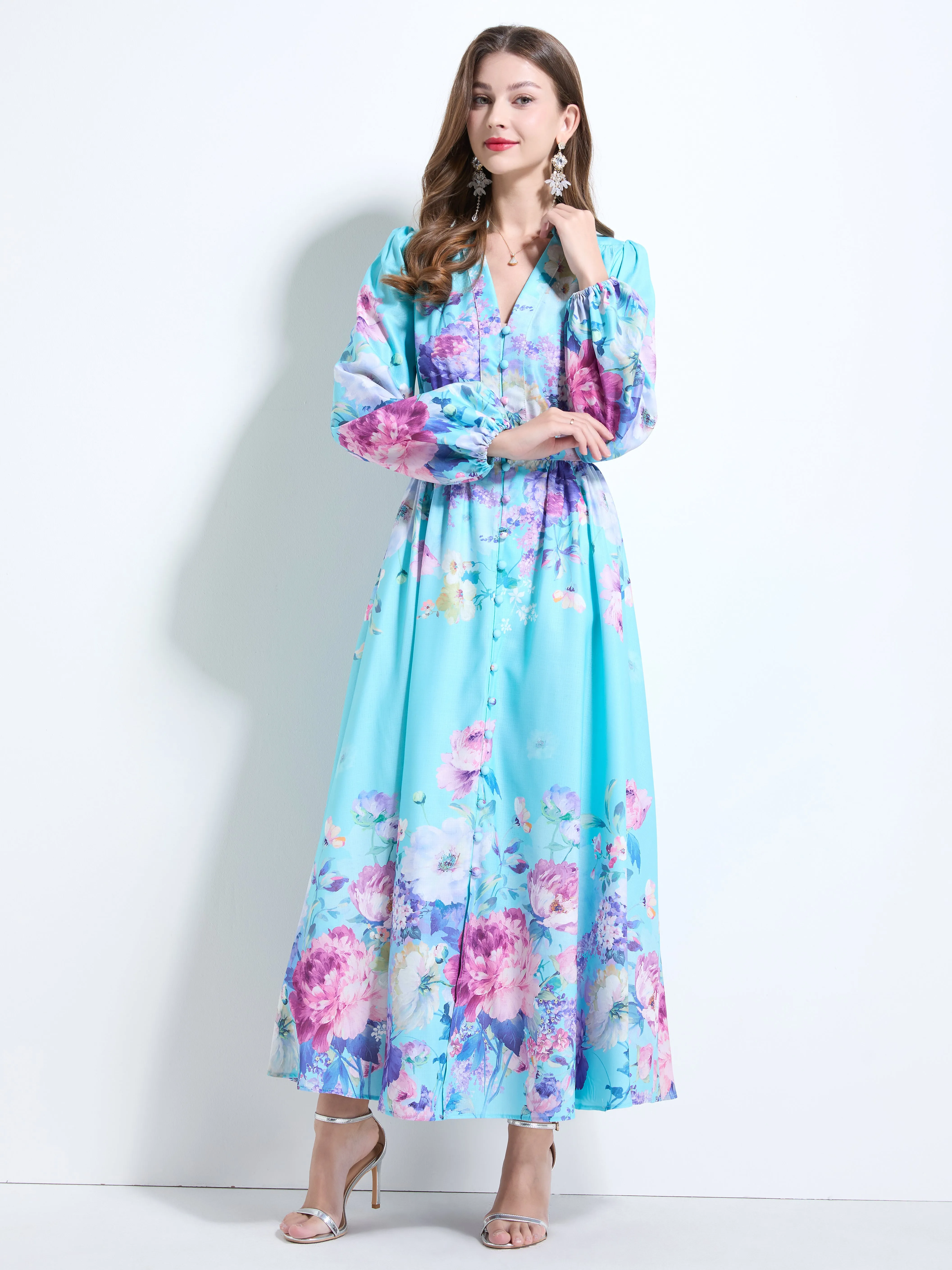 Women's Floral Print V-Neck Button up Slit Maxi Dress