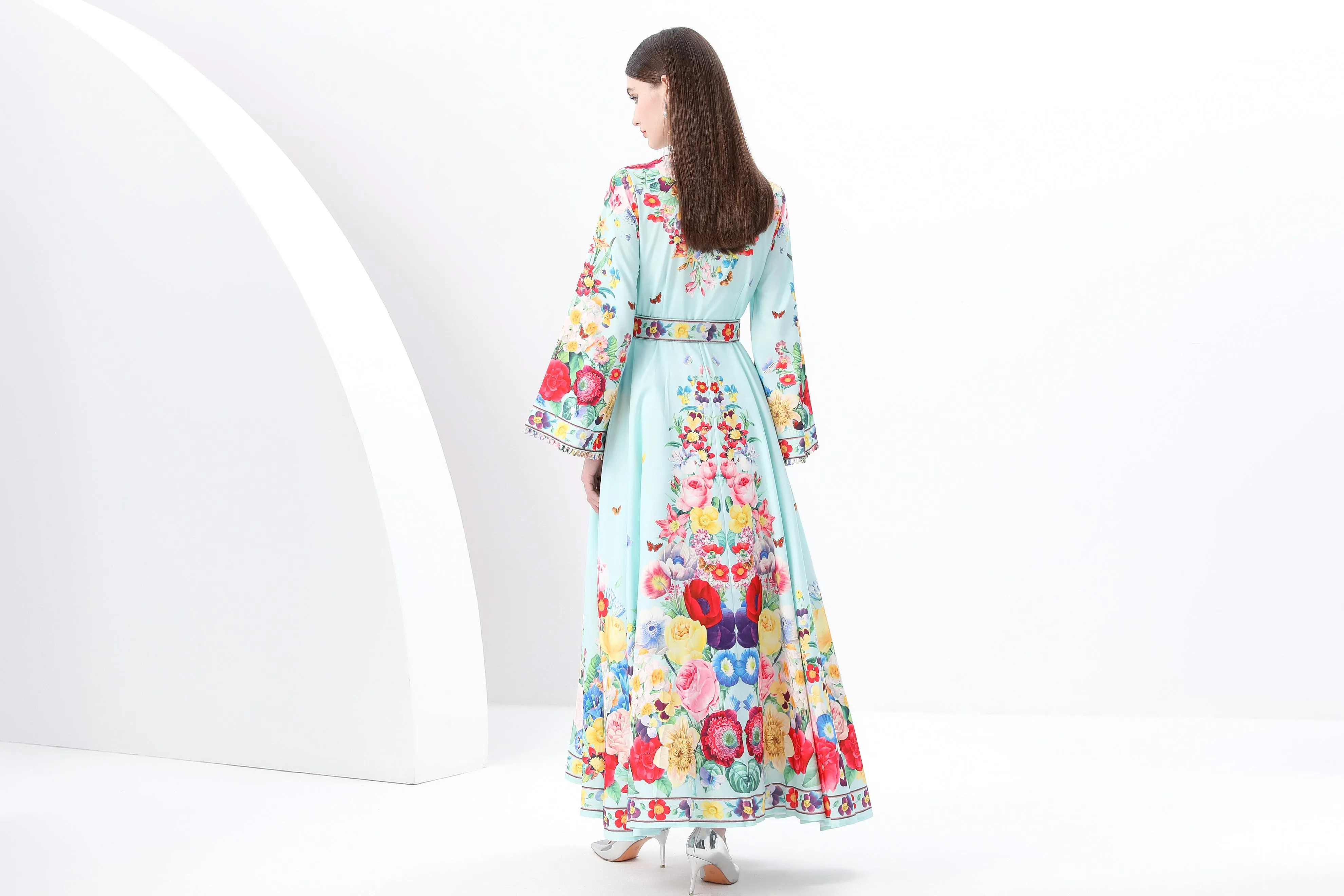 Women's Printed Button Flared Long Sleeves Maxi Dress