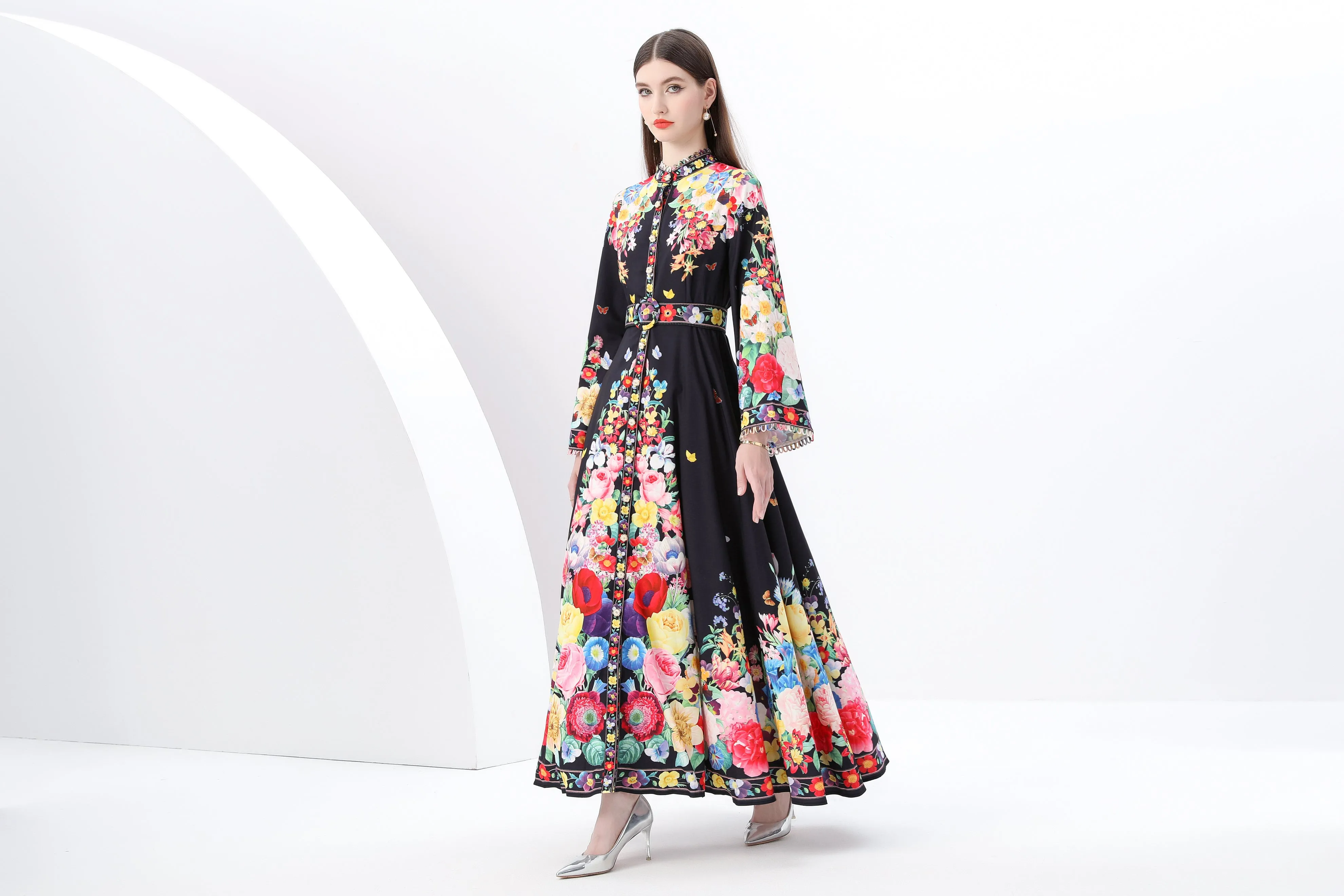 Women's Printed Button Flared Long Sleeves Maxi Dress