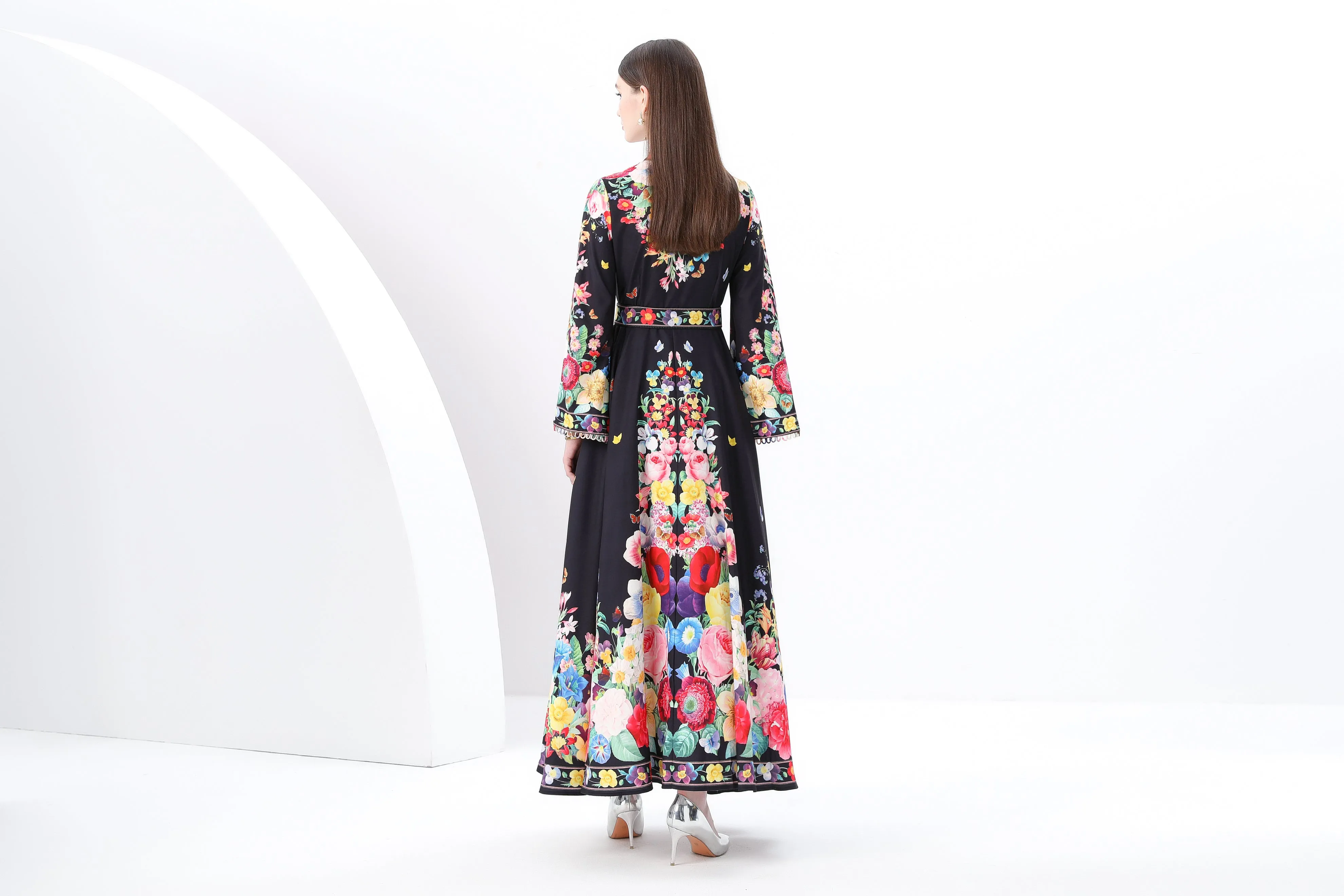 Women's Printed Button Flared Long Sleeves Maxi Dress