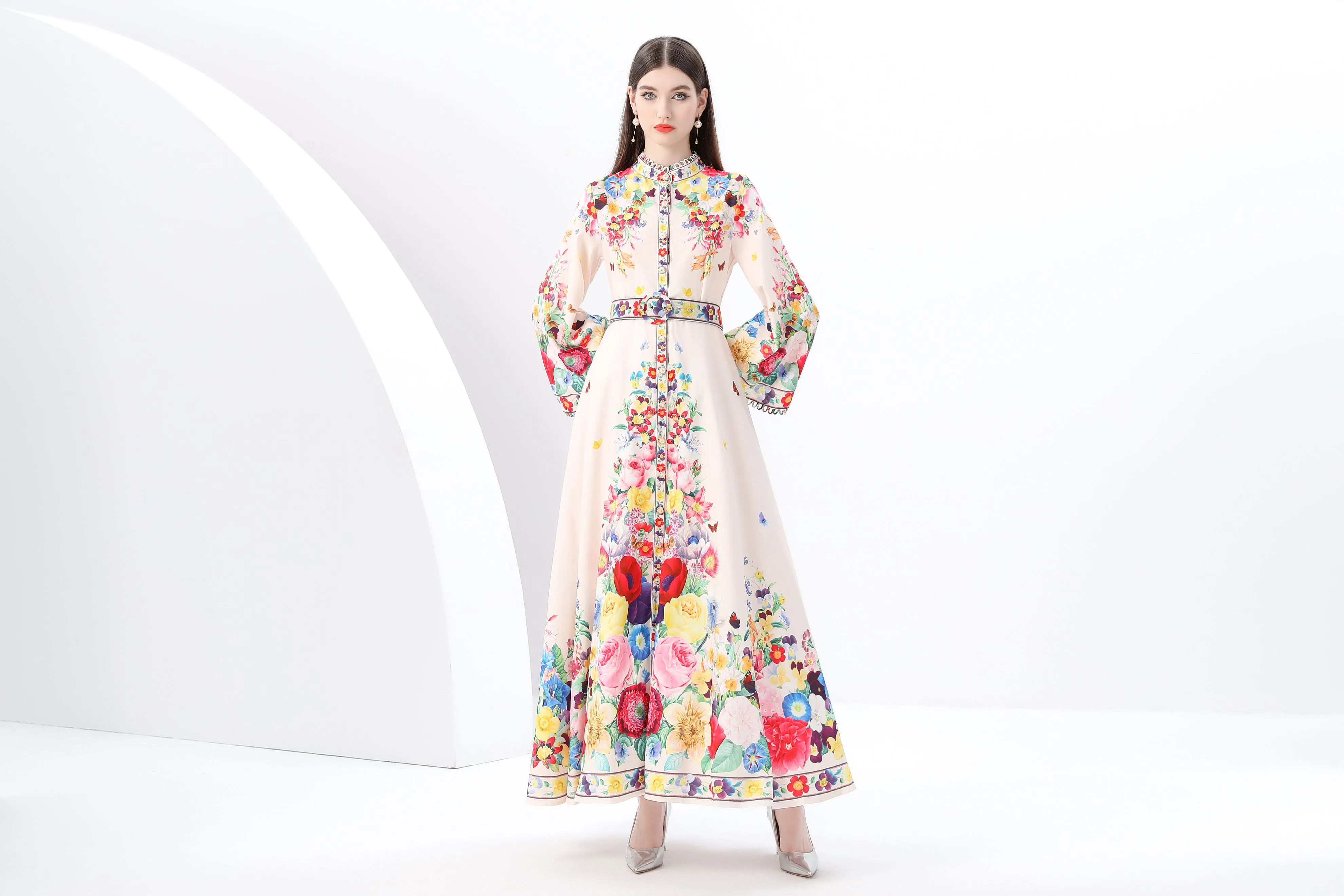Women's Printed Button Flared Long Sleeves Maxi Dress