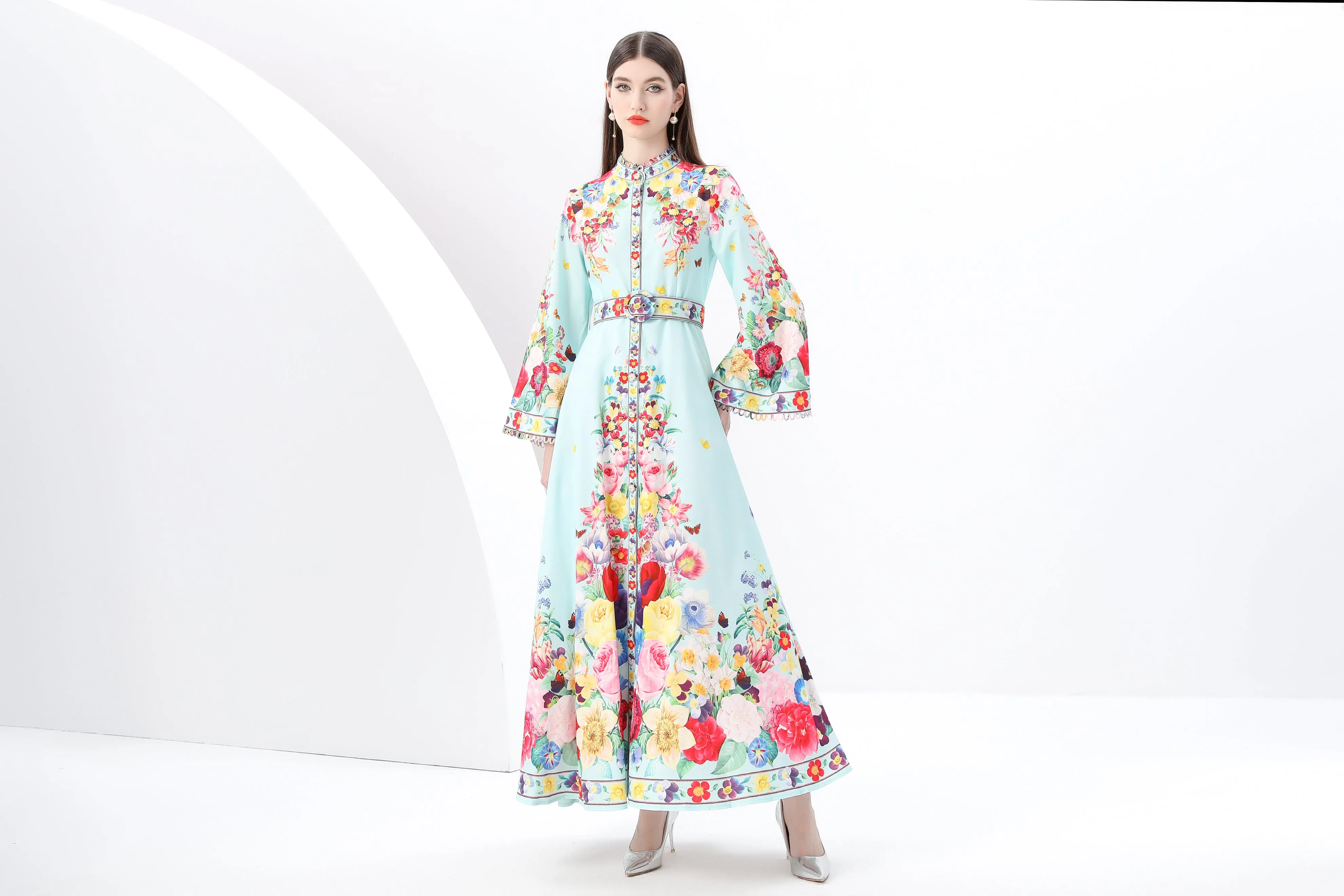 Women's Printed Button Flared Long Sleeves Maxi Dress