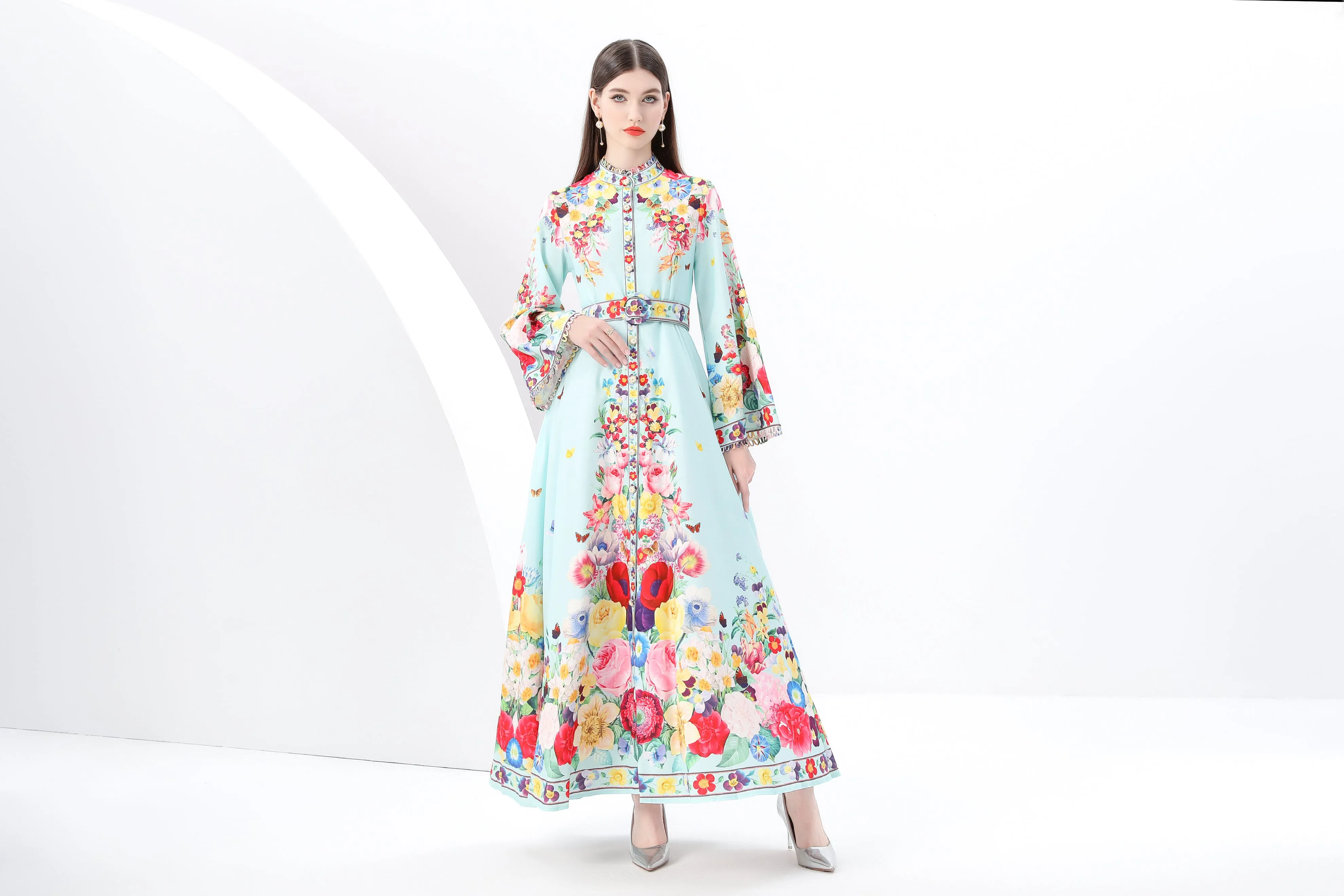 Women's Printed Button Flared Long Sleeves Maxi Dress