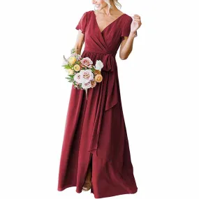 Women's Short Sleeve Bridesmaid Dresses Lace Up Chiffon Formal Dresses