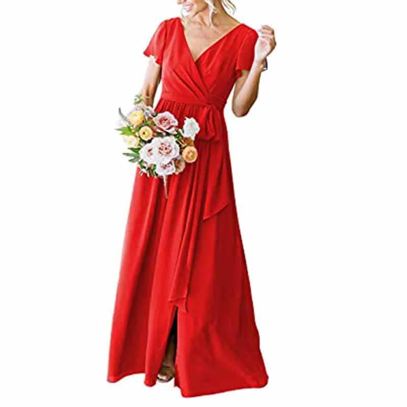 Women's Short Sleeve Bridesmaid Dresses Lace Up Chiffon Formal Dresses