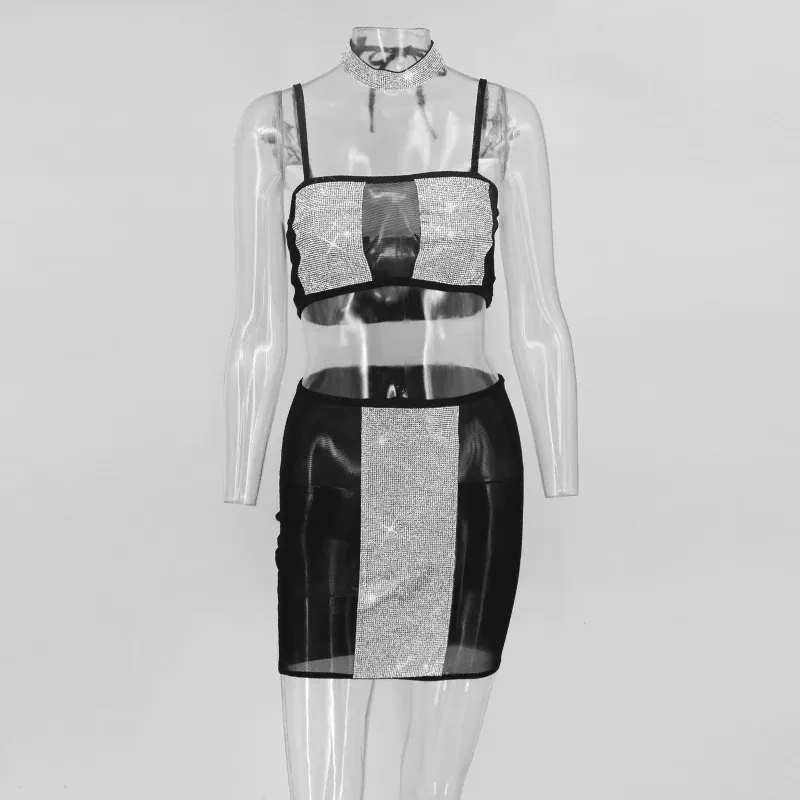 Women's Summer Sheath Mesh Two-Piece Dress With Crystals