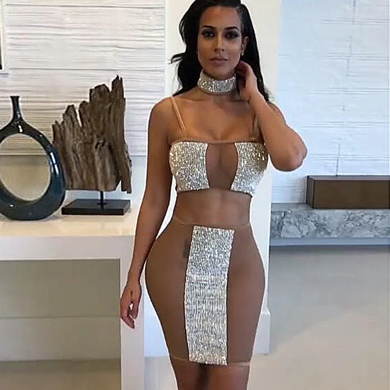Women's Summer Sheath Mesh Two-Piece Dress With Crystals