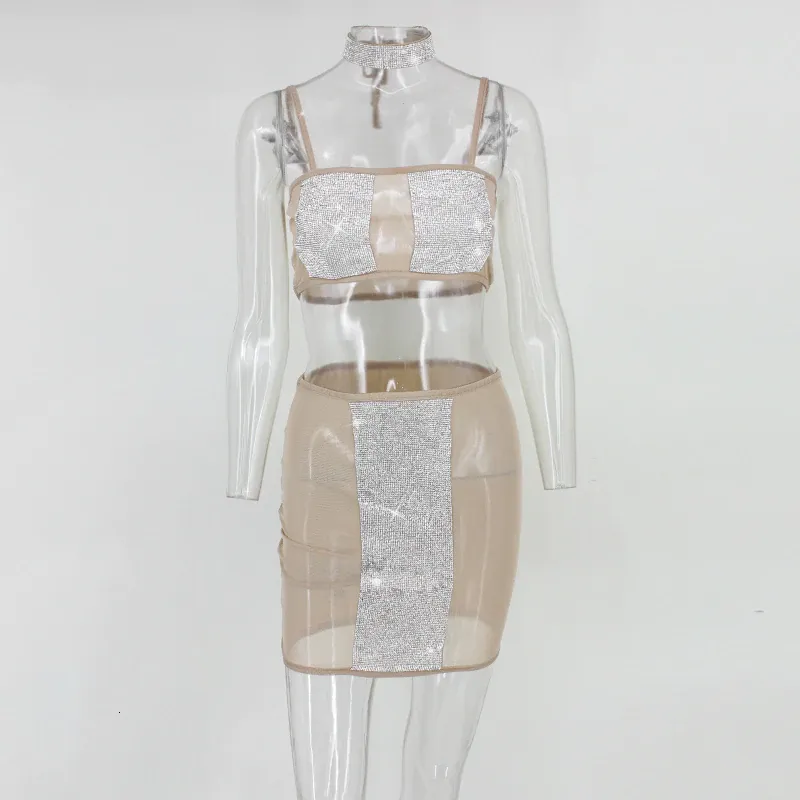 Women's Summer Sheath Mesh Two-Piece Dress With Crystals