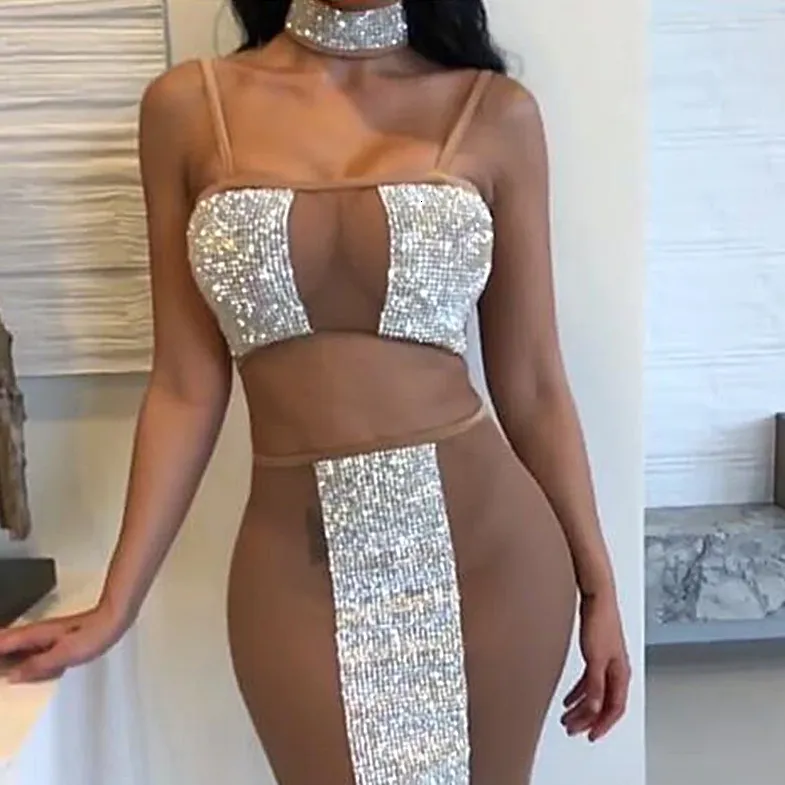 Women's Summer Sheath Mesh Two-Piece Dress With Crystals