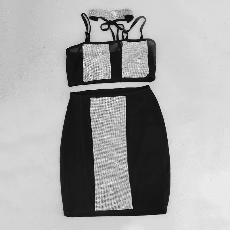 Women's Summer Sheath Mesh Two-Piece Dress With Crystals