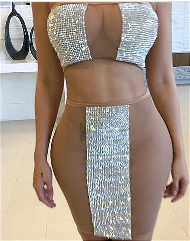 Women's Summer Sheath Mesh Two-Piece Dress With Crystals