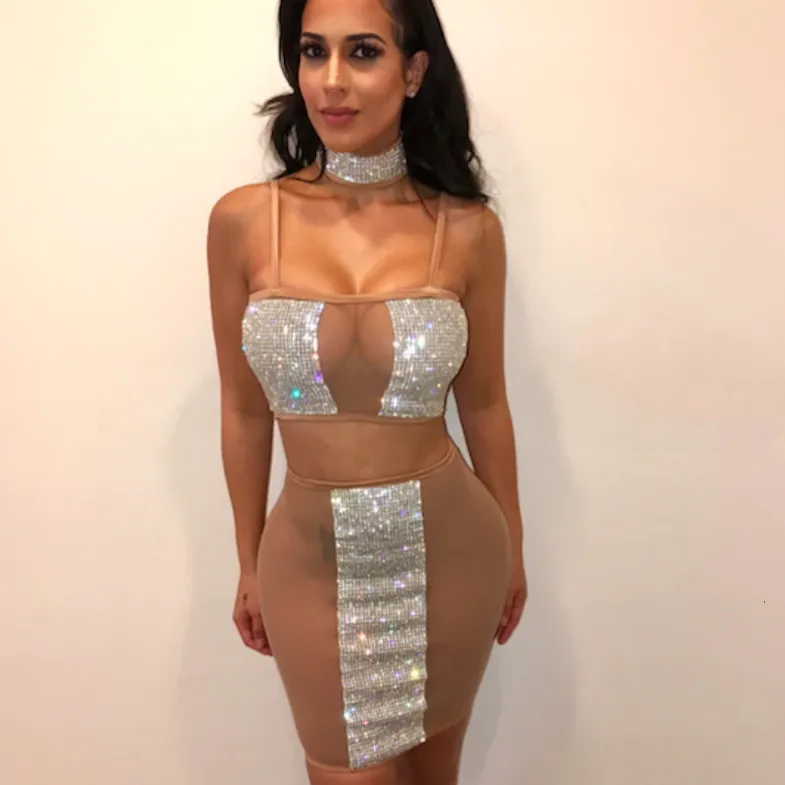 Women's Summer Sheath Mesh Two-Piece Dress With Crystals