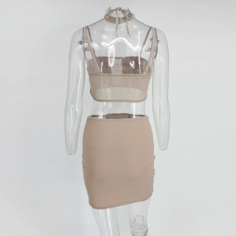 Women's Summer Sheath Mesh Two-Piece Dress With Crystals