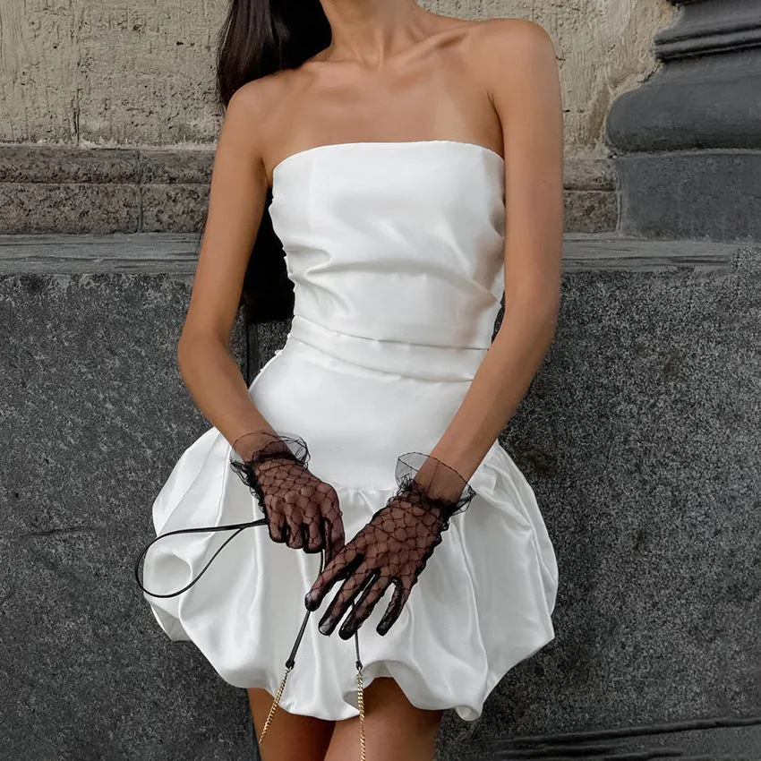 Women's White Satin Sexy Strapless Fitted Tulip Skirt Dress