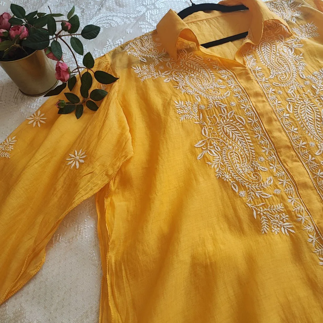 Yellow Chikankari Shirt - Semi Stitched