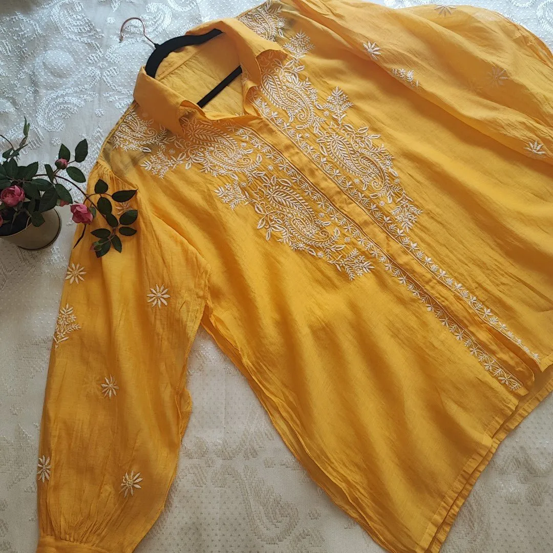 Yellow Chikankari Shirt - Semi Stitched