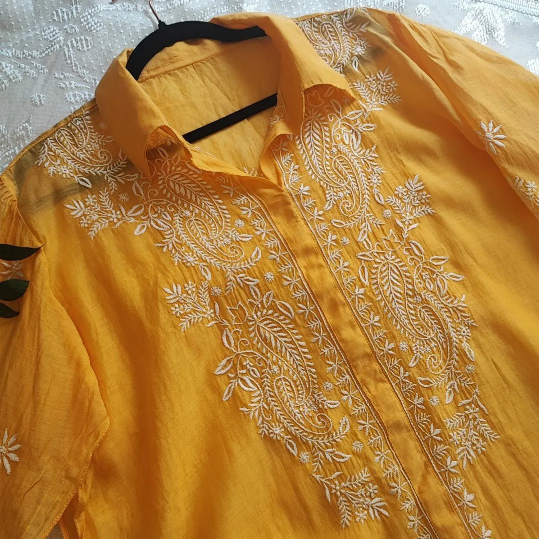 Yellow Chikankari Shirt - Semi Stitched