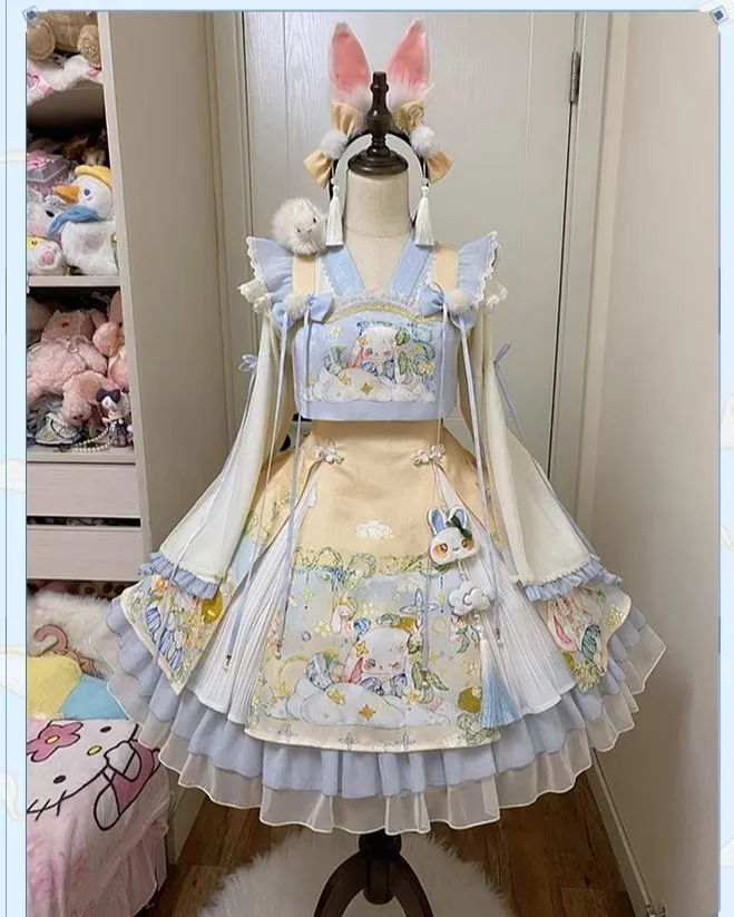 YingLuoFu~Laurel~Kawaii Han Lolita Jumper Dress Rabbit Print