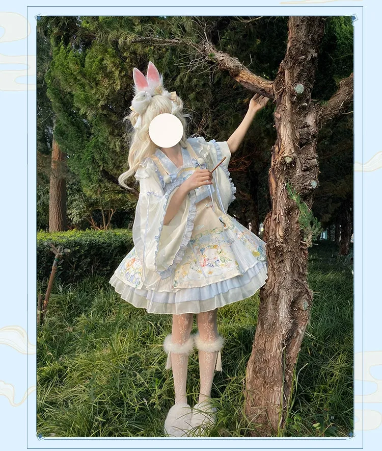 YingLuoFu~Laurel~Kawaii Han Lolita Jumper Dress Rabbit Print