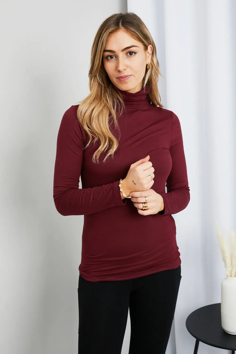 Zenana Better Odds Full Size Microfiber Turtleneck Top in Burgundy | Dark Red Warm Soft Cozy Winter and Autumn High Neck Women Sweater