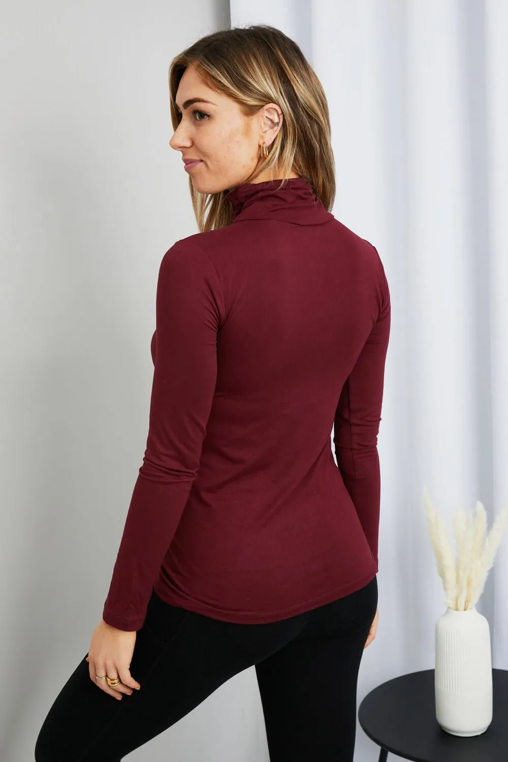 Zenana Better Odds Full Size Microfiber Turtleneck Top in Burgundy | Dark Red Warm Soft Cozy Winter and Autumn High Neck Women Sweater